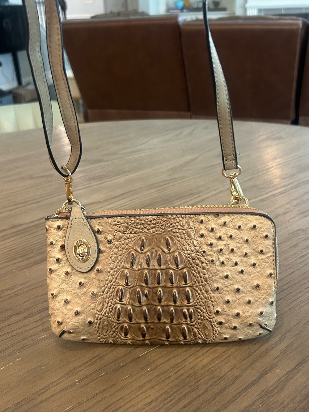 Ostrich Croc Embossed Convertible Crossbody Wristlet Tan
